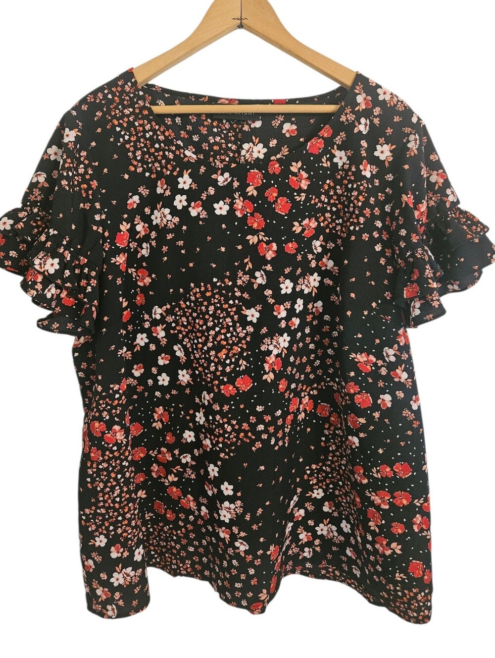 Lane Bryant Blouse Top Black Red Floral Short Sleeve Ruffle Sz 20